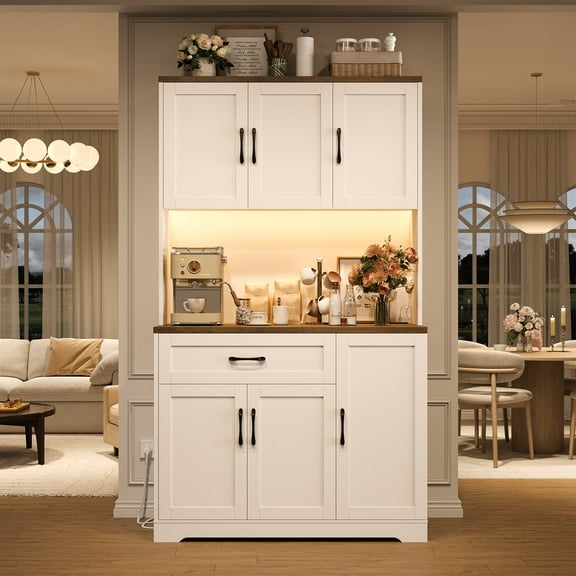 Hiphuta 71”Tall Modern Kitchen Pantry Cabinet with Power Outlet & LED, Freestanding Kitchen Hutch Cabinet for Dining Room, White