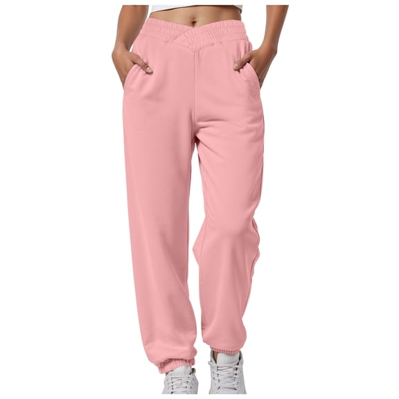 felwors Women's V Crossover Waist Sweatpants Baggy Y2K Jogger Pants Wide Leg Fleeced Lounge Pants Pink, L