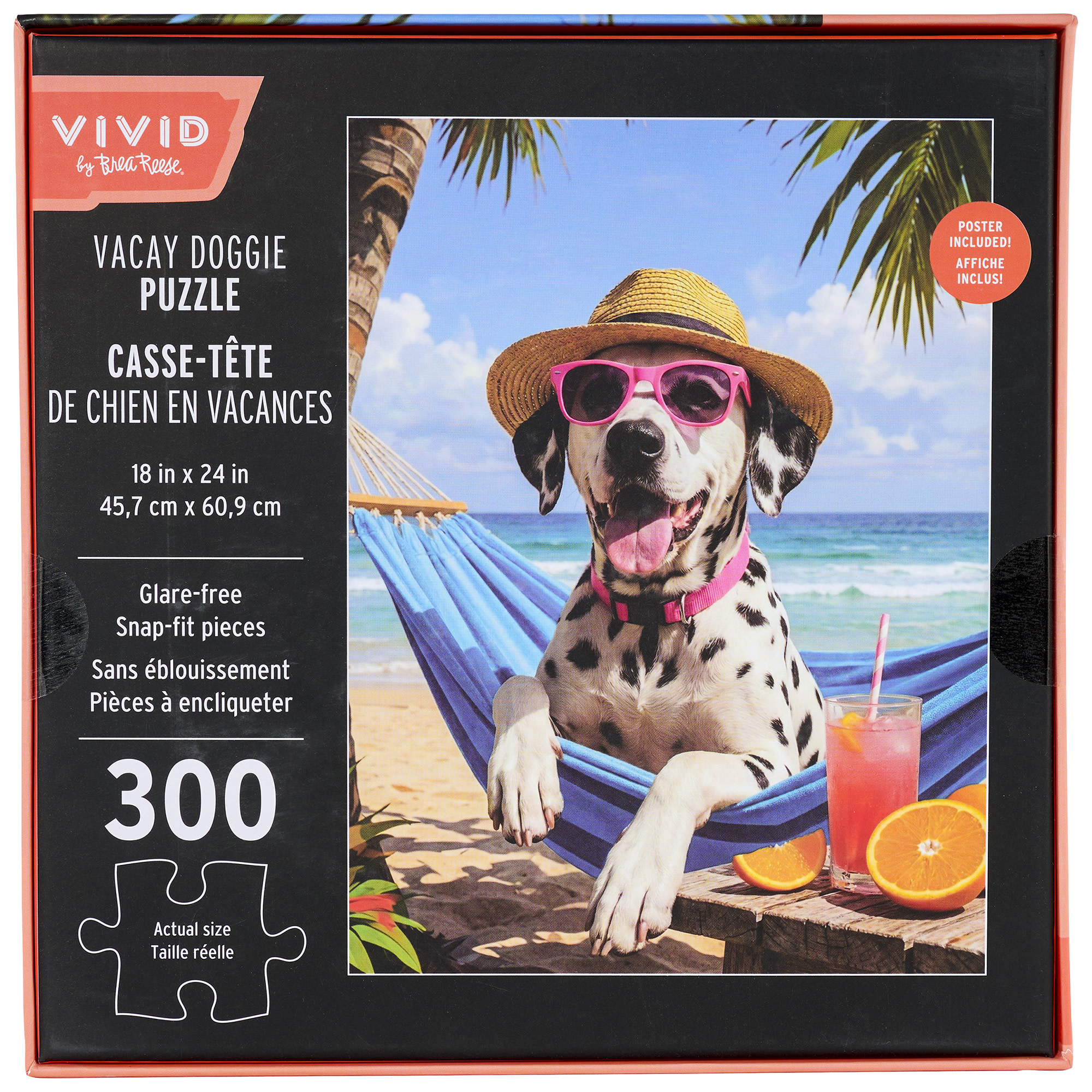 Vivid by Brea Reese: 300 Piece Puzzle - Vacay Doggie - Dalmatian Dog Relaxing Beach Scene Jigsaw, Soft-Touch Snap-Fit Pieces, Image Reference Poster
