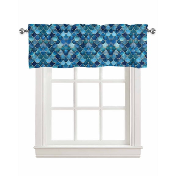 Blue Ombre Scale Kitchen Valances for Windows Farmhouse Linen Window Valance Curtain for Living Room Window Treatment Abstract Art Ocean Coastal Valance Rod Pocket Topper Drape, 42 x 12 Inch