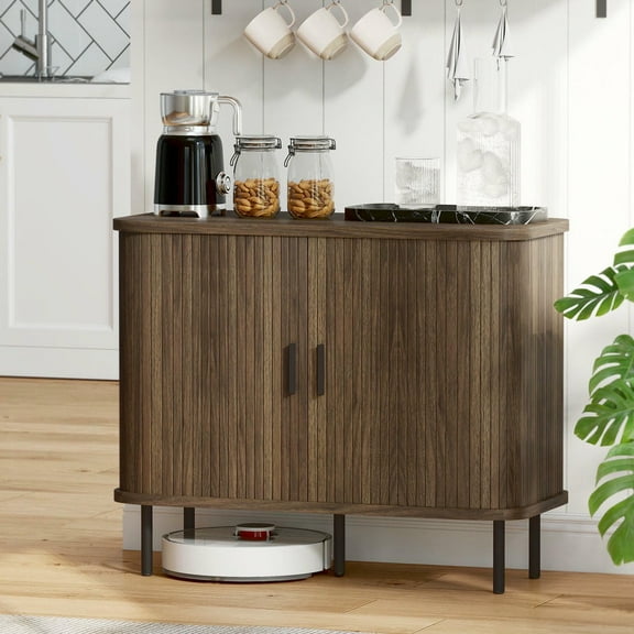 Kadyn 35.4" Buffet Cabinet with Slatted Tambour Doors and Metal Legs, Sideboard Cabinet with Storage for Kitchen, Dining Room, Walnut