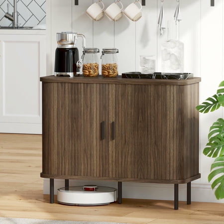 Kepooman 35.4 Sideboard Buffet with Slatted Tambour Doors and Metal Legs Kitchen Storage Cabinet with Storage for Kitchen Dining Room Walnut