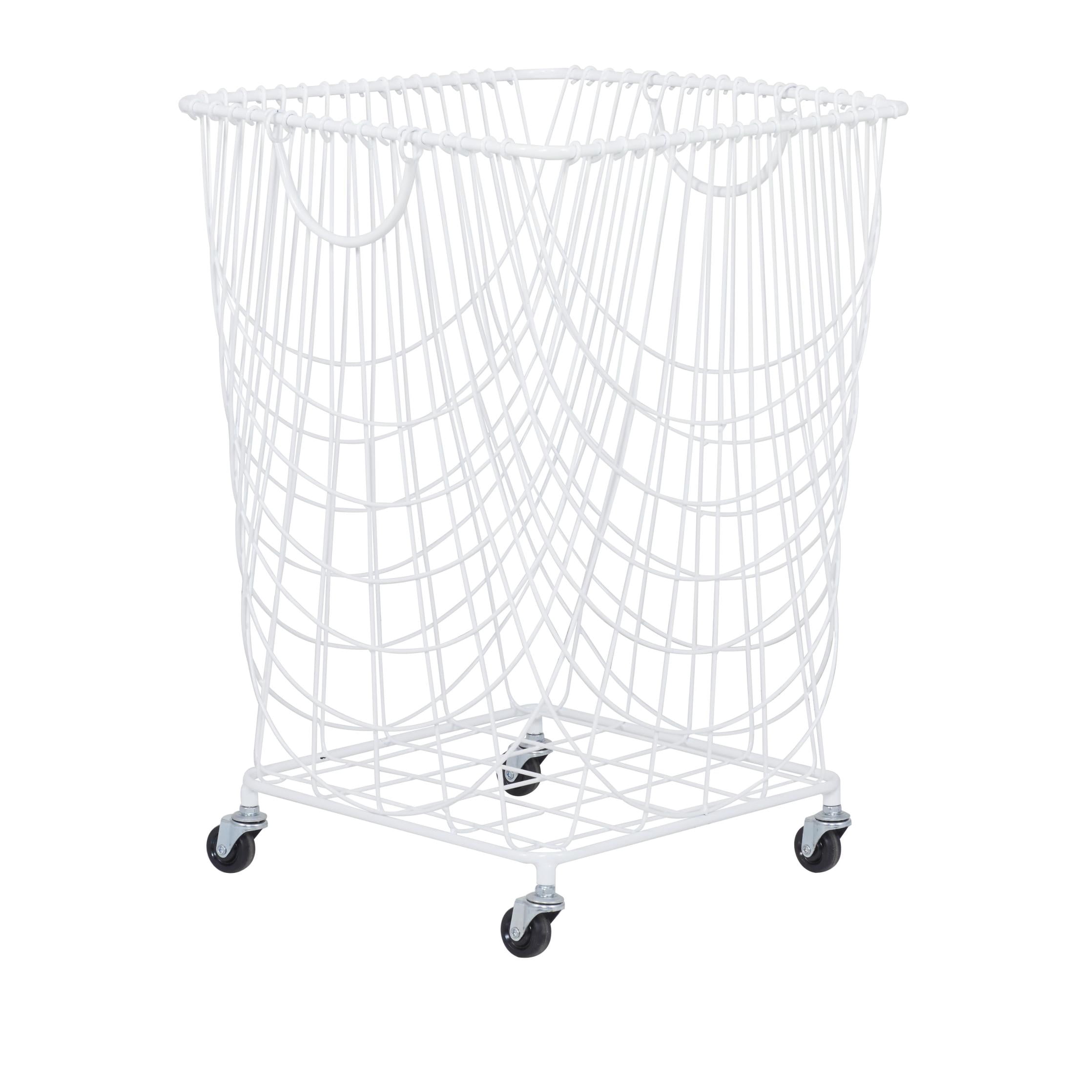 DecMode Industrial White Metal Rolling Laundry Basket, 17"W x 24"H