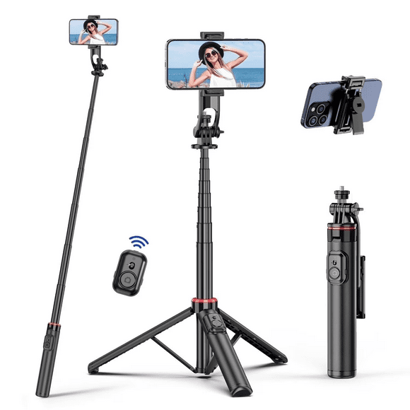Trépied Perche à Selfie Extensible de 52 Pouces, Support Trépied pour Téléphone Intelligent avec Télécommande Sans Fil Détachable et Support pour Téléphone, Rotation à 360, Trépied de Voyage Portable Compatible avec iphone 15/14/Samsung/Android