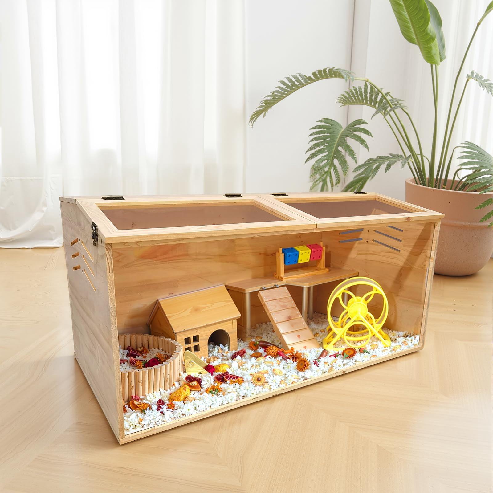 Hamster Cage, Chewproof Wooden Guinea Pig Cages, Mice and Rat Habitat with Openable Top & Transparent Acrylic Sheets
