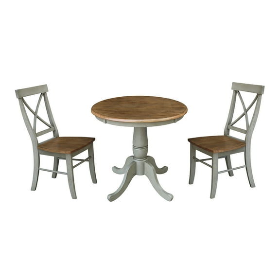 30'' Round Solid Wood Pedestal Dining Table with 2 Cross Back Dining Chairs in Distressed Hickory/Stone