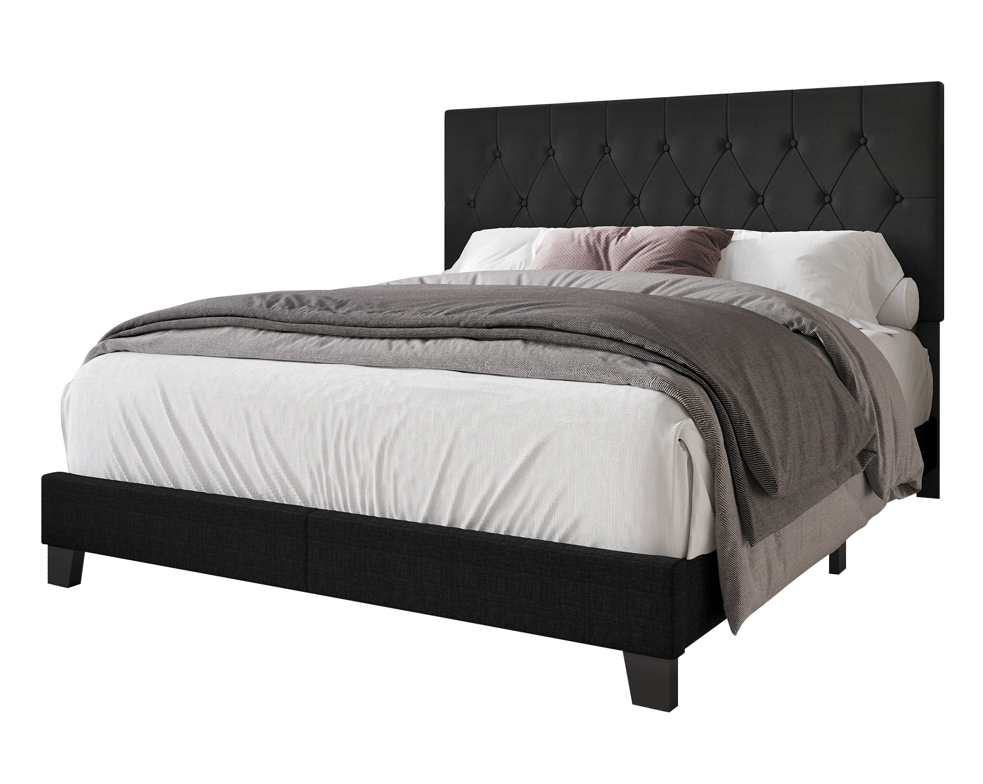 Home Design Dillon Full Tufted Upholstered Panel Bed Frame with Button Tufting and Foam-Filled Headboard, Black, Easy Assembly