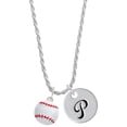 thumbnail image 1 of Delight Jewelry Silvertone Large White Enamel Baseball Silvertone Script Initial Disc - P - Charm Necklace, 20"+3", 1 of 4