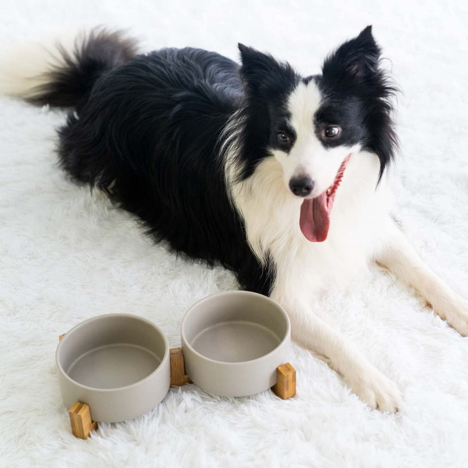 Ceramic Dog and Cat Bowl with Wood Stand Non-Slip Matte Glaze Weighted Food Water Set for Cat Medium Dog 28.7 OZ