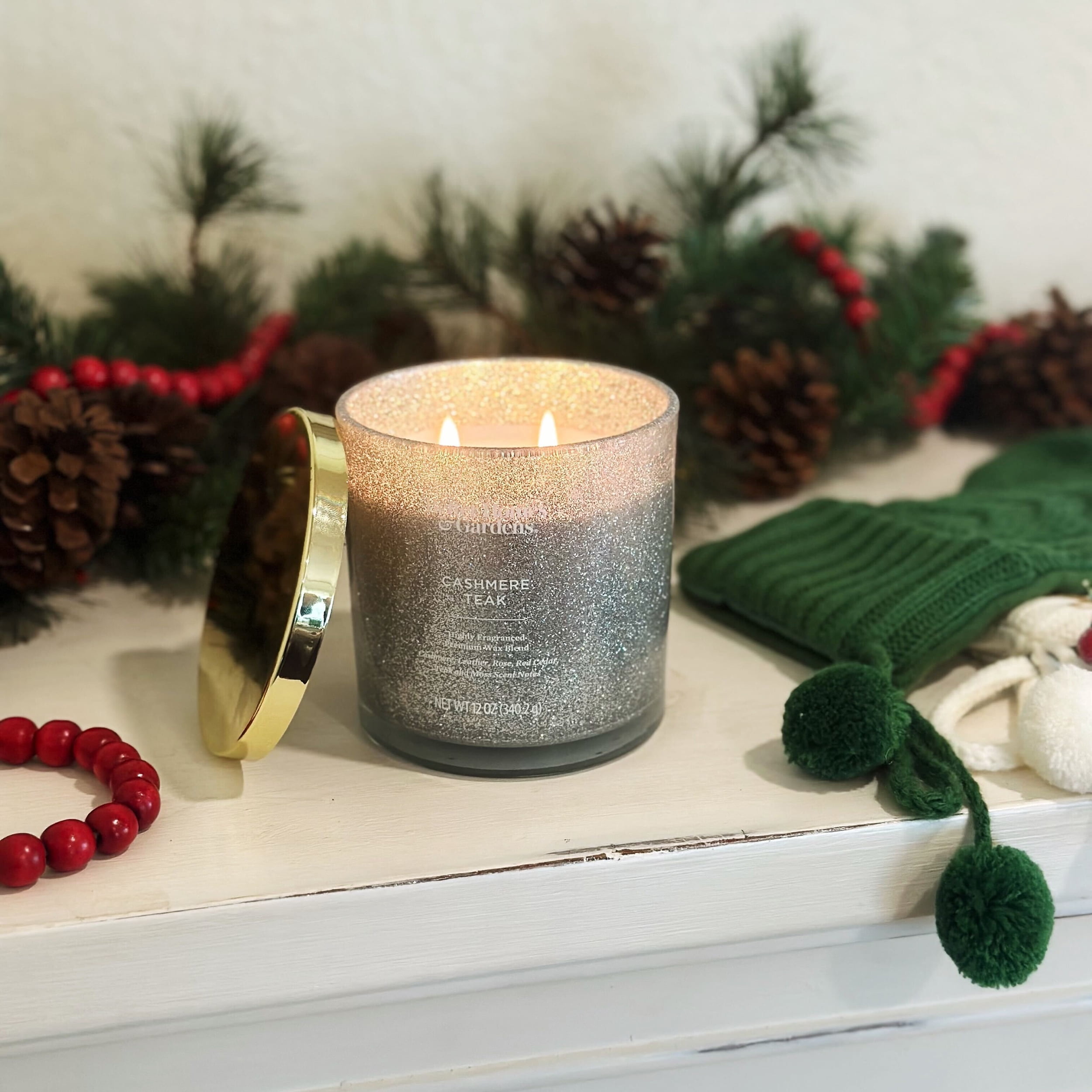 Better Homes & Gardens 12oz Cashmere & Teak Scented 2 - Wick Glitter Jar Candle