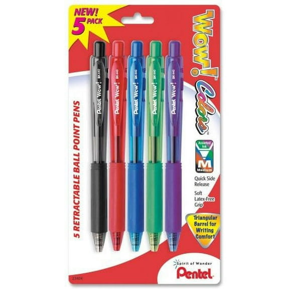 Pentel WOW! Retractable Ballpoint Pens-Ballpoint Pen Retractable Rubber Grip Med. 5/PK Assorted