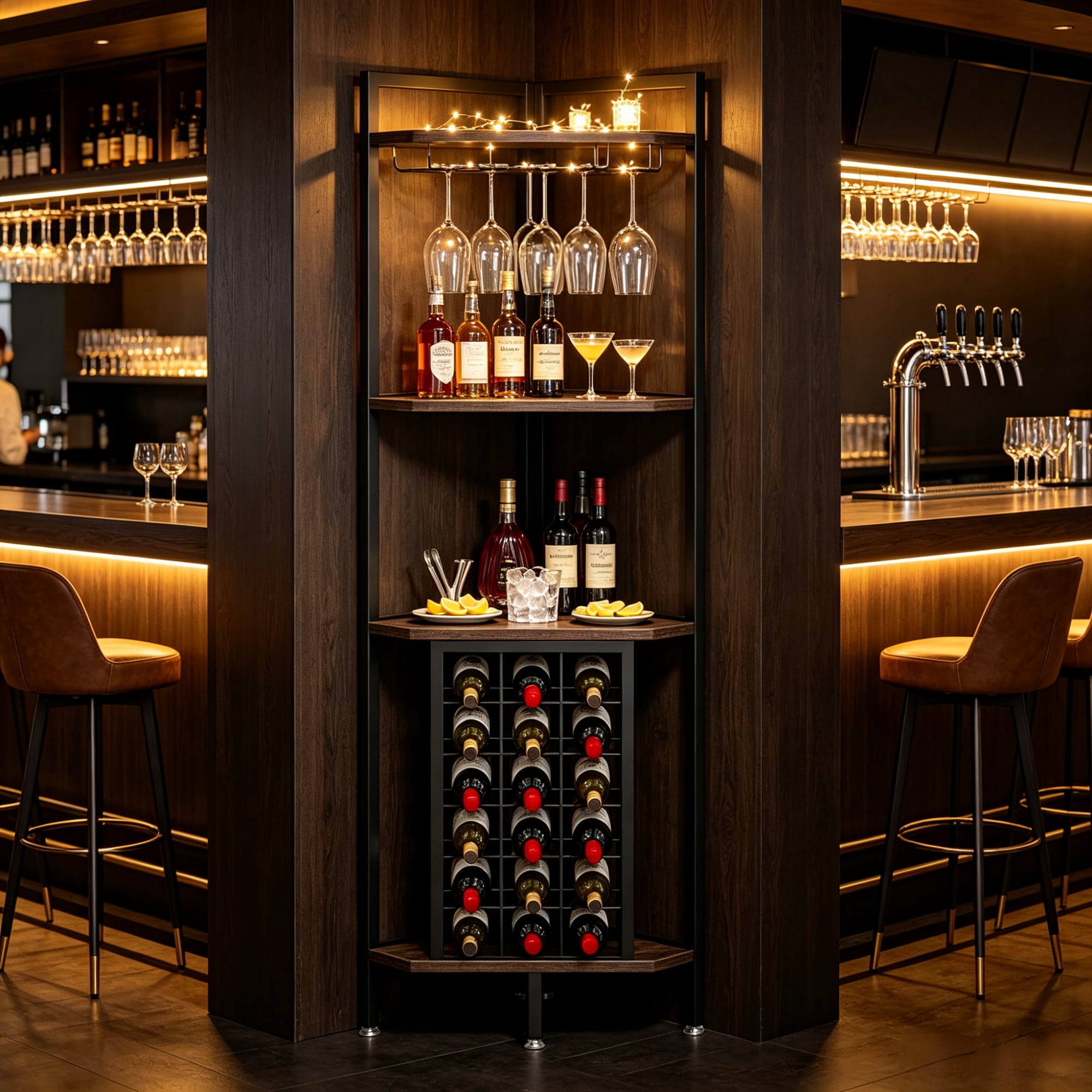 4 Tier Corner Wine Rack with Glass Holder, Storage Shelves and Bottle Display