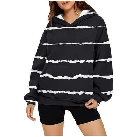Womens Fleece Hoodies Oversized Cotton Color Block Pullover Tops Long Sleeve Casual Loose Hoodie Autumn Winter Warm Sweatshirts with Pocket Cotton Baggy Pullovers #21 Black L