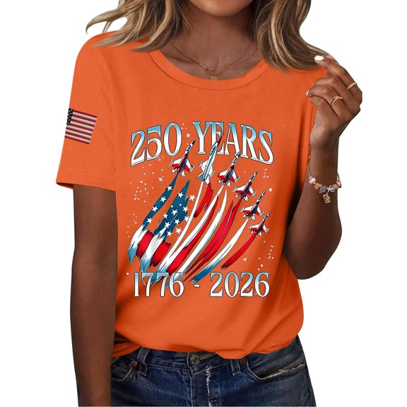 CIENVNSTG 2026 Women's Patriotic Short Sleeve Shirts Casual Crew Neck T-Shirt 250th Anniversary USA Shirt Star Flag Print 1776-2026 Birthday Celebration T-Shirt Cool Comfortable Orange M