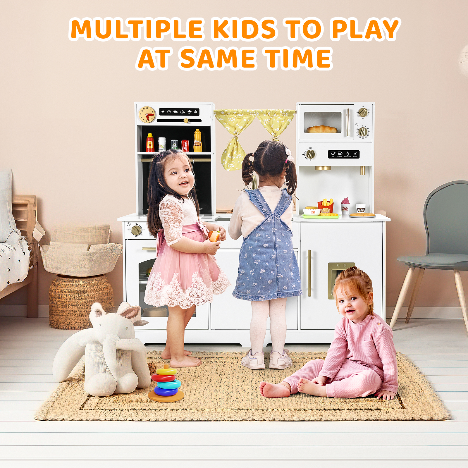 Pirecart Play Kitchen, Wooden Kids Kitchen Playset with Sound & Light,  Sink, Microwave, Curtain and Utensils for Boys Girls Age 3-10, White
