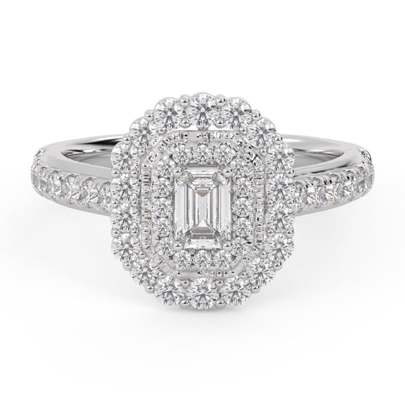 AFFY Double Halo Solitaire Engagement Ring for Women, 0.95 Carat (ctw) Emerald And Round Cut Lab Grown Diamond Ring In 14K White Gold Over 925 Sterling Silver F-G-H, SI Quality Ring Size-4