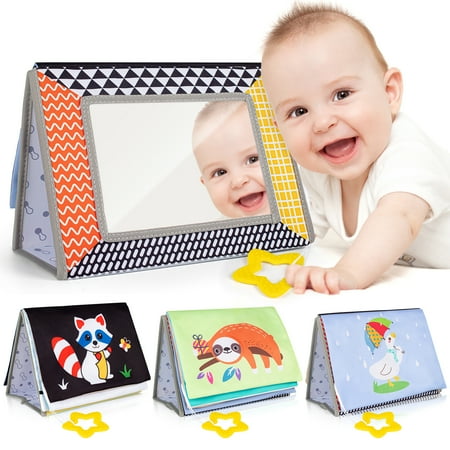 Baby Mirror Toys for Tummy Time,Newborn,Infant 0-3-4-6-12 Months Old Gift,Boy/Girl Brain Developmental Montessori Toys Sensory Crinkle Black and White Book.Essential Activity Safe Mirror for Floor