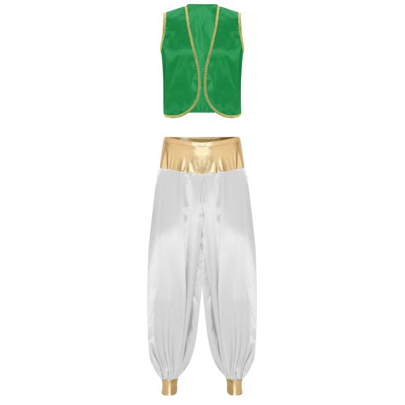 renvena Mens Arabian Prince Outfit Sleeveless Satin Vest with Pants Sets Dance Performance Costume Green&White S