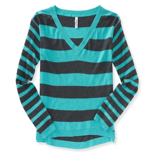 Aeropostale suéter de punto con cuello en V a rayas para mujer, azul, extragrande Aeropostale Tejer