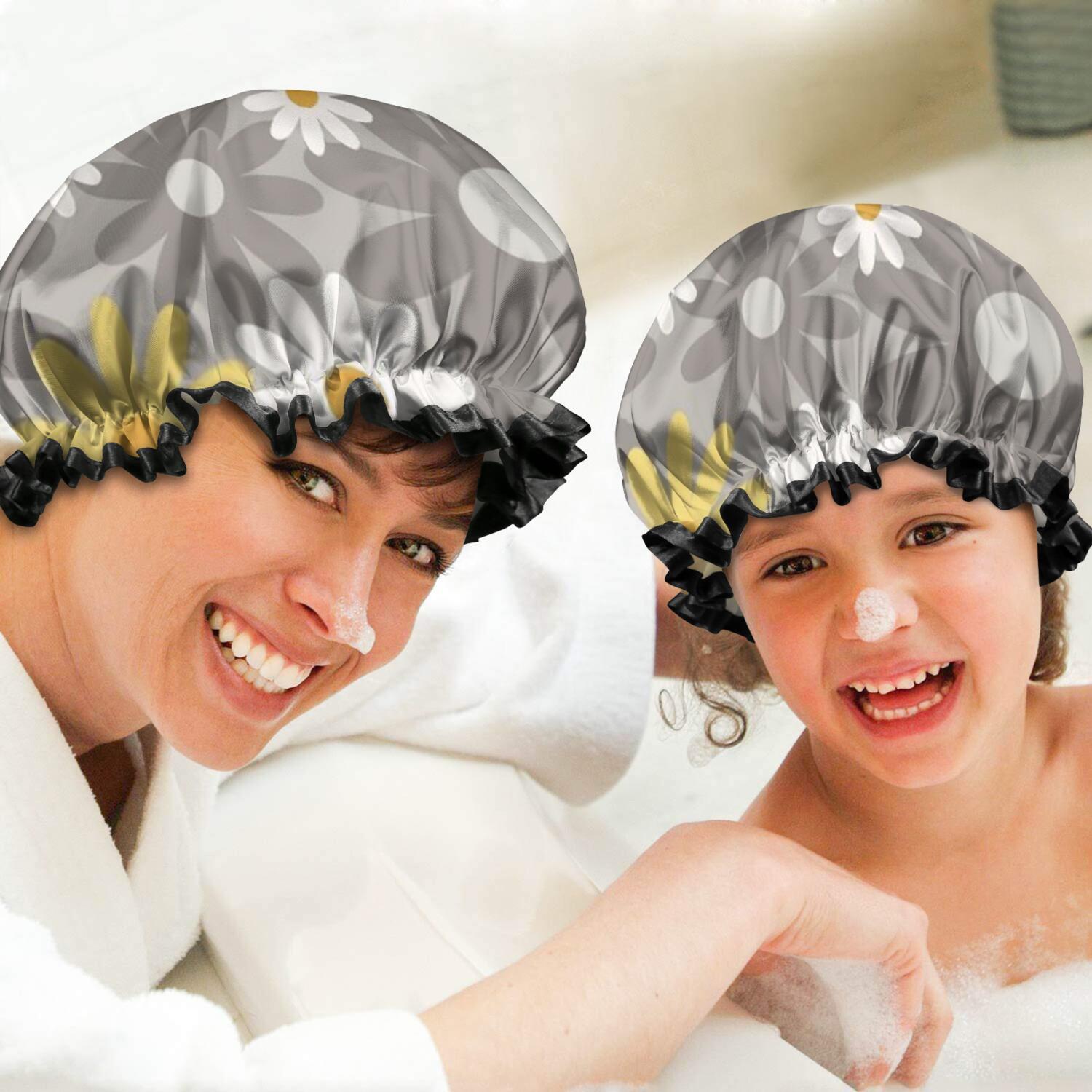 Shower Caps,Gray Daisy Flower Yellow Blooms Pattern Waterproof Shower Cap for Women 4 Pieces,Double Reusable Hair Cover for Shower PEVA Elastic Stretch Hem