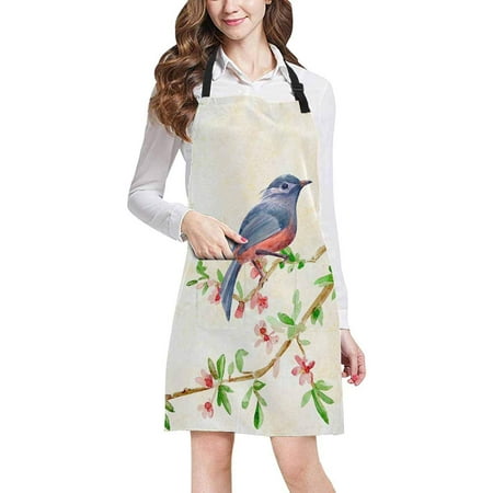 

ASHLEIGH Vintage Lovely Birds on Flowering Twig Painting Adjustable Bib Apron with Pockets Commercial Restaurant and Home Kitchen Apron for Women Men