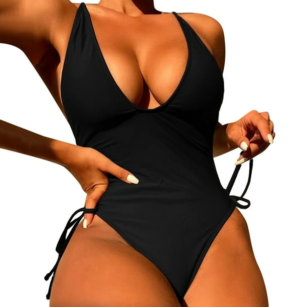 Gibobby Trajes de baño mujer una pieza Traje de baño de bikini sin espalda grande con correa sexy de moda de playa de verano para mujer(Negro,CH)