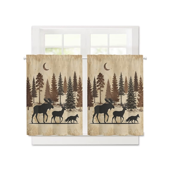 Vintage Forest Elk Short Blackout Curtains 36 Inch Long,Black Silhouettes Rod Pocket Kitchen Curtains,2 Panels Thermal Insulated Room Darkening Drapes for Bedroom,30"Wx36"L