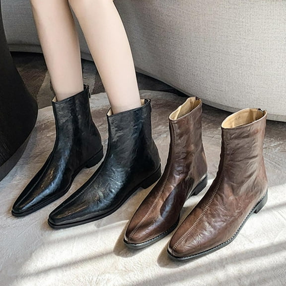 Women's Casual Winter Ankle Boots Pointed Toe Back Zipper Thick Low Heel Warm Solid Color Short Booties for Outdoor Indoor Wear