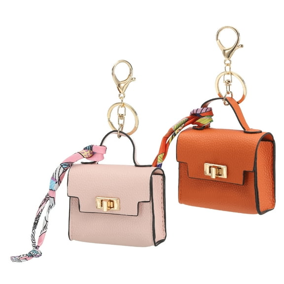 Uxcell Mini Backpack Keychain Pouch, 2 Pcs Cute Leather Change Wallet Coin Purse Coin Pouch for Men Women Change Makeup Headphones, Pink/Orange