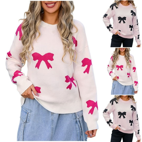 Bixock Women Fall and Winter Top,Women Sweater,Women's Casual Round Neck Long Sleeved Bow Print Loose Comfortable Pullover Sweater