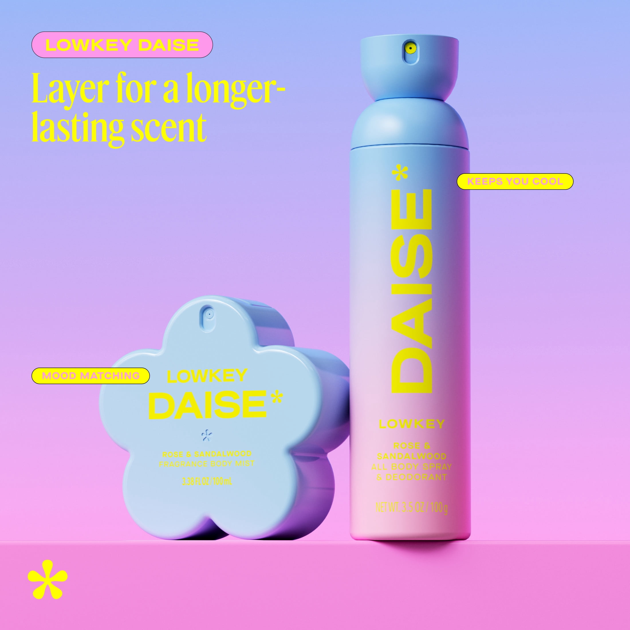 DAISE Lowkey DAISE All Body Spray & Deodorant in Rose & Sandalwood for 24h Freshness, 3.5 oz/120 mL