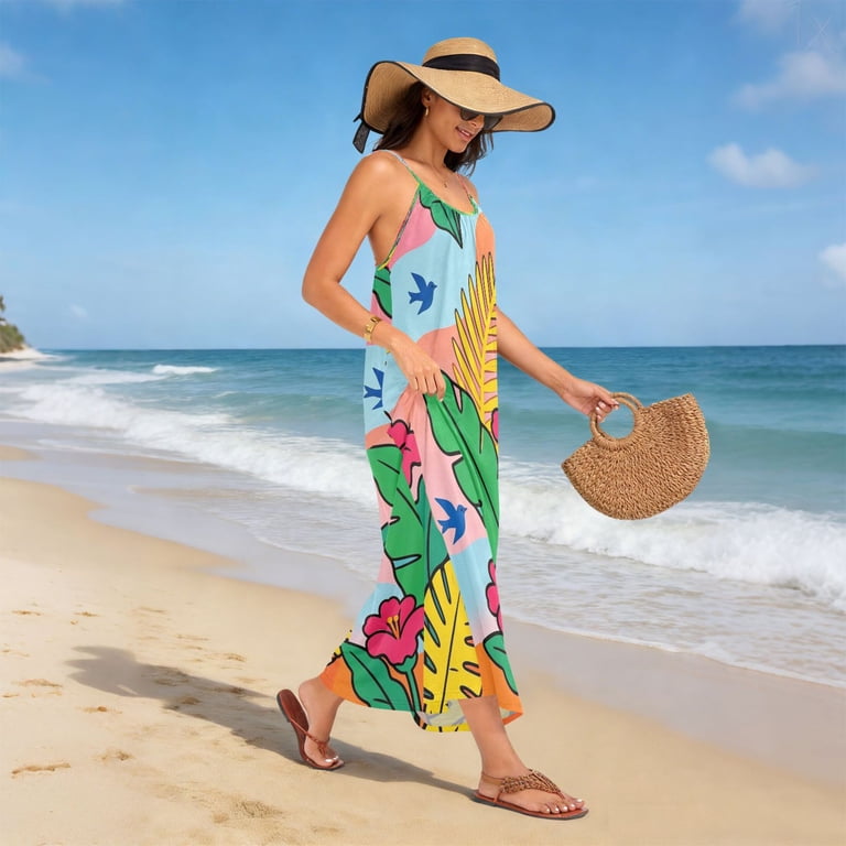 backless dress vacation Plus Size Sundress for Women 2026 Flowy Strappy Lightweight Long Dress for Beach Vacation, Tropical Tropic Design backless dress gold Sequin pcat-388 Size:Large (L) Turn heads effortlessly in