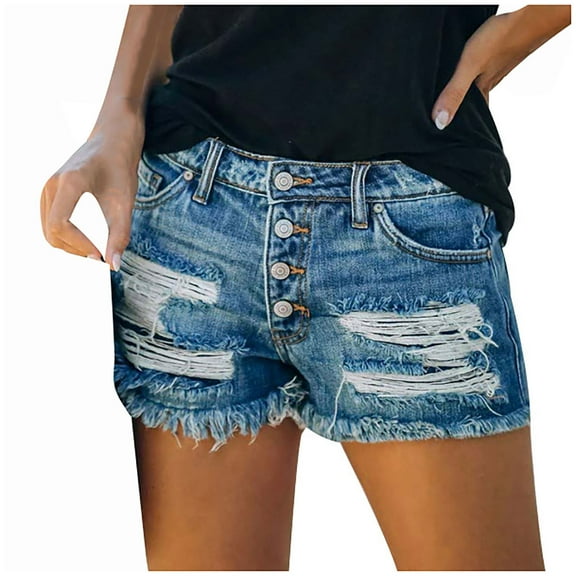 Women's Casual High Waisted Summer Denim Shorts Frayed Raw Hem Stretch Slim Fit Ripped Destroyed Jean Shorts
