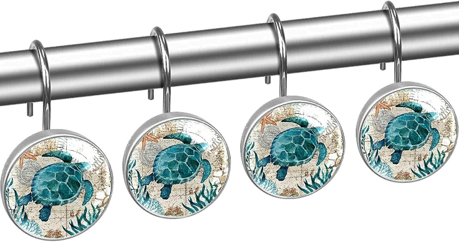 12pcs Ocean Turtles Shower Curtain Hooks, Retro Turtles Decorative Shower Curtain Hanger Rings Roller, Stainless Steel Round Shower Rings Hangers for Bathroom