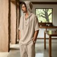 thumbnail image 5 of JUUYY Mens 2 Piece Linen Set Long Sleeve Button Down Casual Hoodie Shirt and Loose Jogger Pants Sets Beach Vacation Summer Outfits Khaki M, 5 of 9