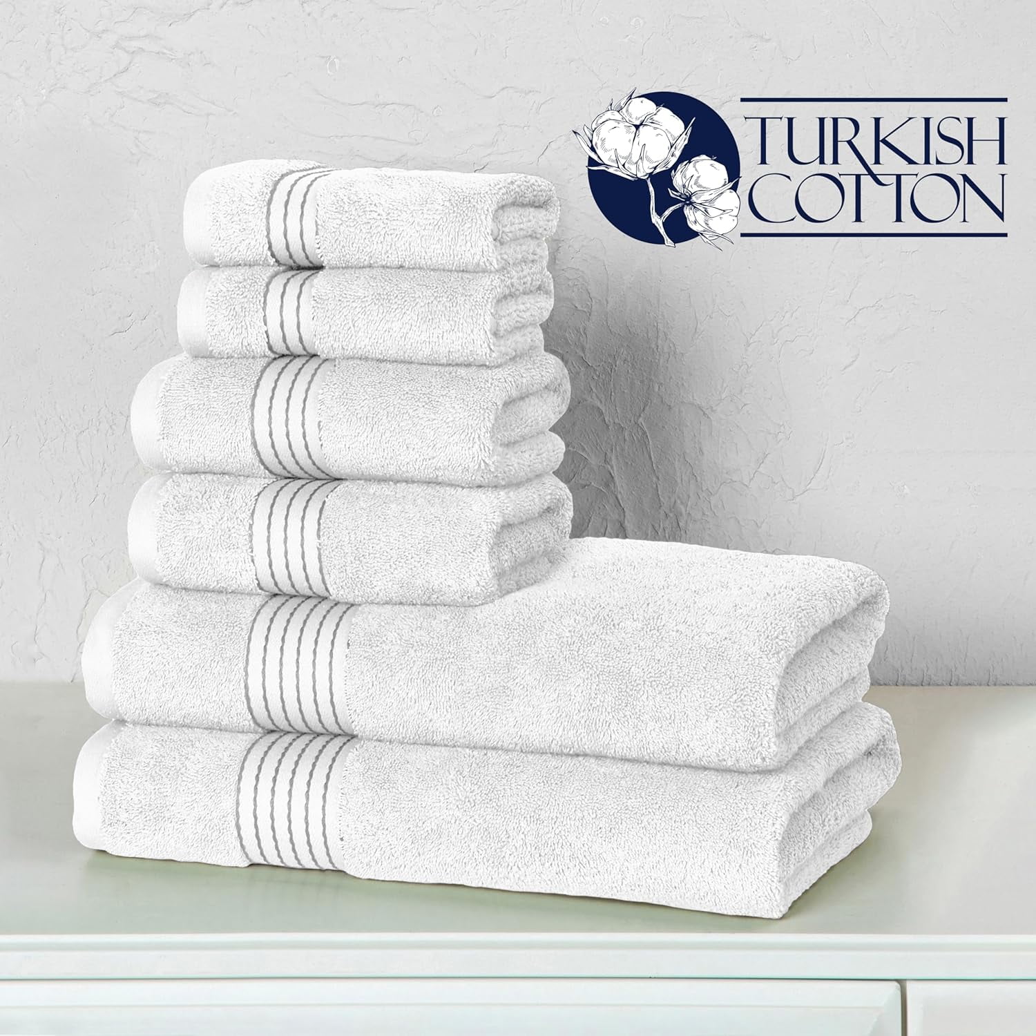 Cotton 6-Piece Towel Set, Includes 2 Washcloths, 2 Hand Towels and 2 Bath Towels, 100% Turkish Cotton , White/Gray