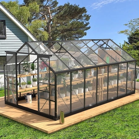 Polycarbonate Greenhouses, 8x14 FT Green Houses for Outside with 4 Adjustable Roof Vents, DEYGIA Walk-in Aluminum Frame Greenhouse with Sliding Doors for Backyard Garden