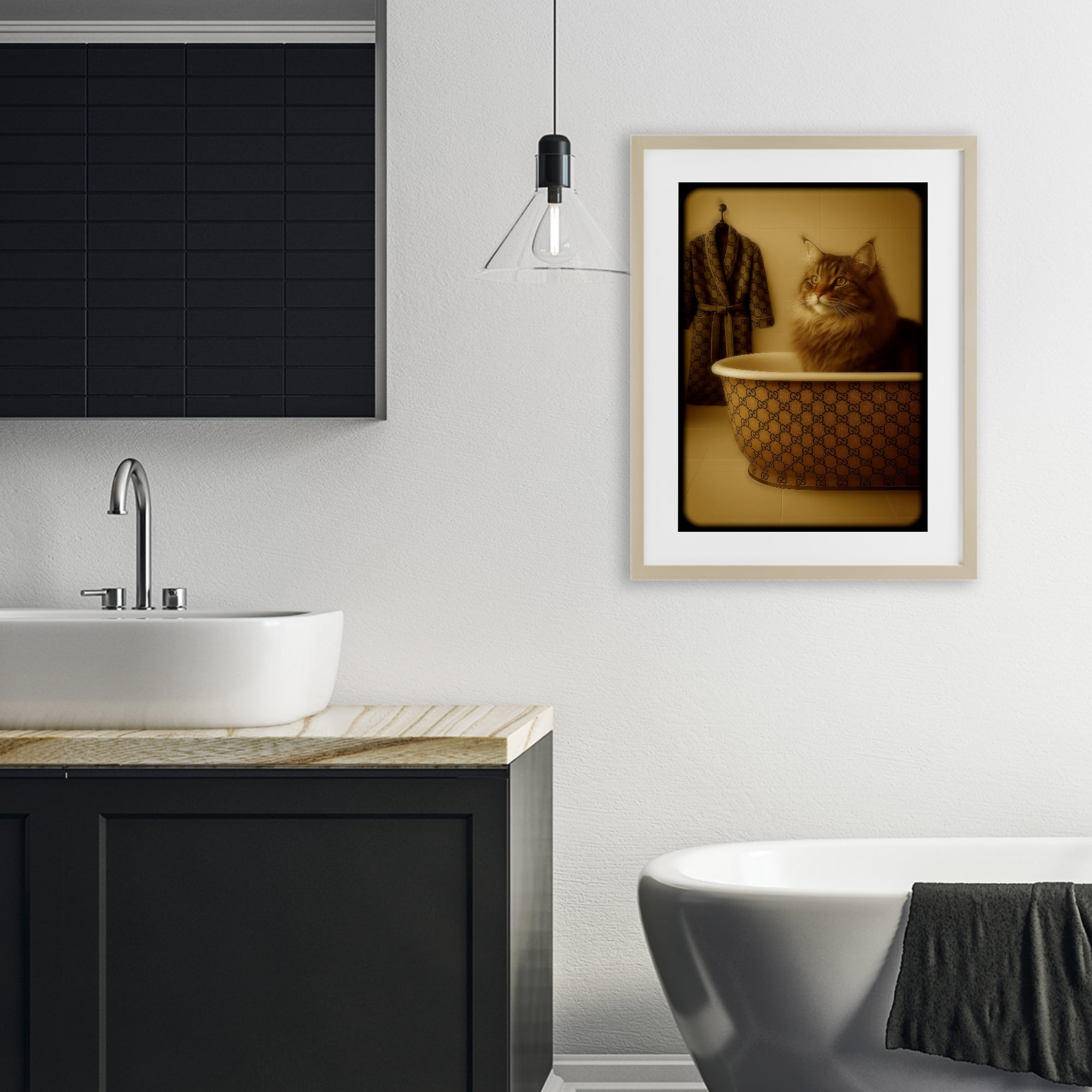 Stupell Industries Couture Main Coon in Luxury Tub Birch Framed Print Under Glass, design by Grotto Studios