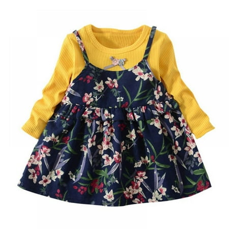 

Toddler Baby Girl s Autume Long Sleeve Crewneck Fake Two Piece Floral Tutu Dress Outfits