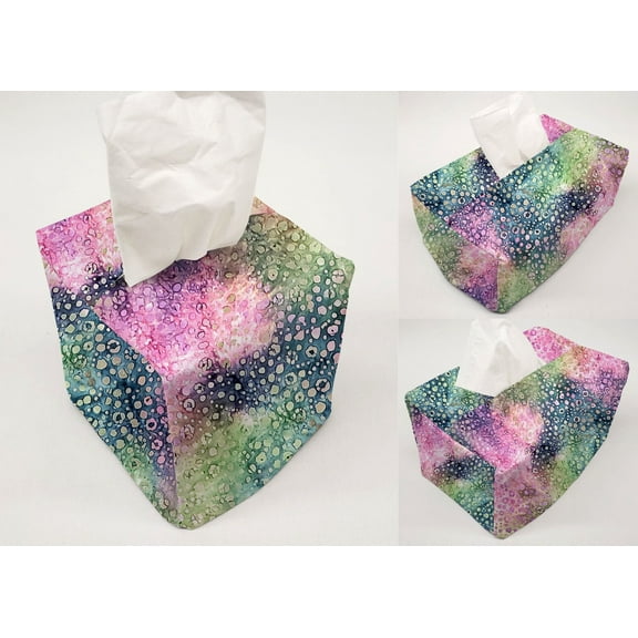 Batik Tie Dye Tissue Box Cover by Penny's Needful Things (Cube) (Pink Blue Green Spots)