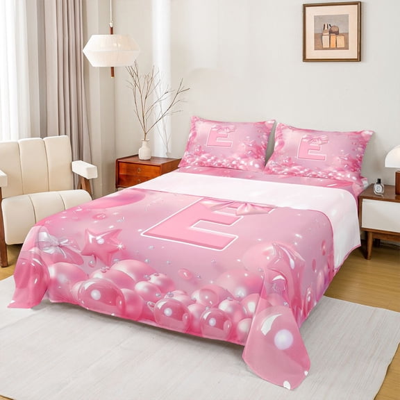 Feelyou Kawaii Initial E Twin Sheet Sets, Pink Stars Balloon Bedding, 3-Piece