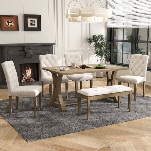 6-Piece Farmhouse Dining Table Set with Rectangular Trestle Table and 4 Upholstered Chairs & Bench, Rustic Dinette Set with Tufted Button Backrests and Nailhead Trim for Dining Room Natural Wood Wash