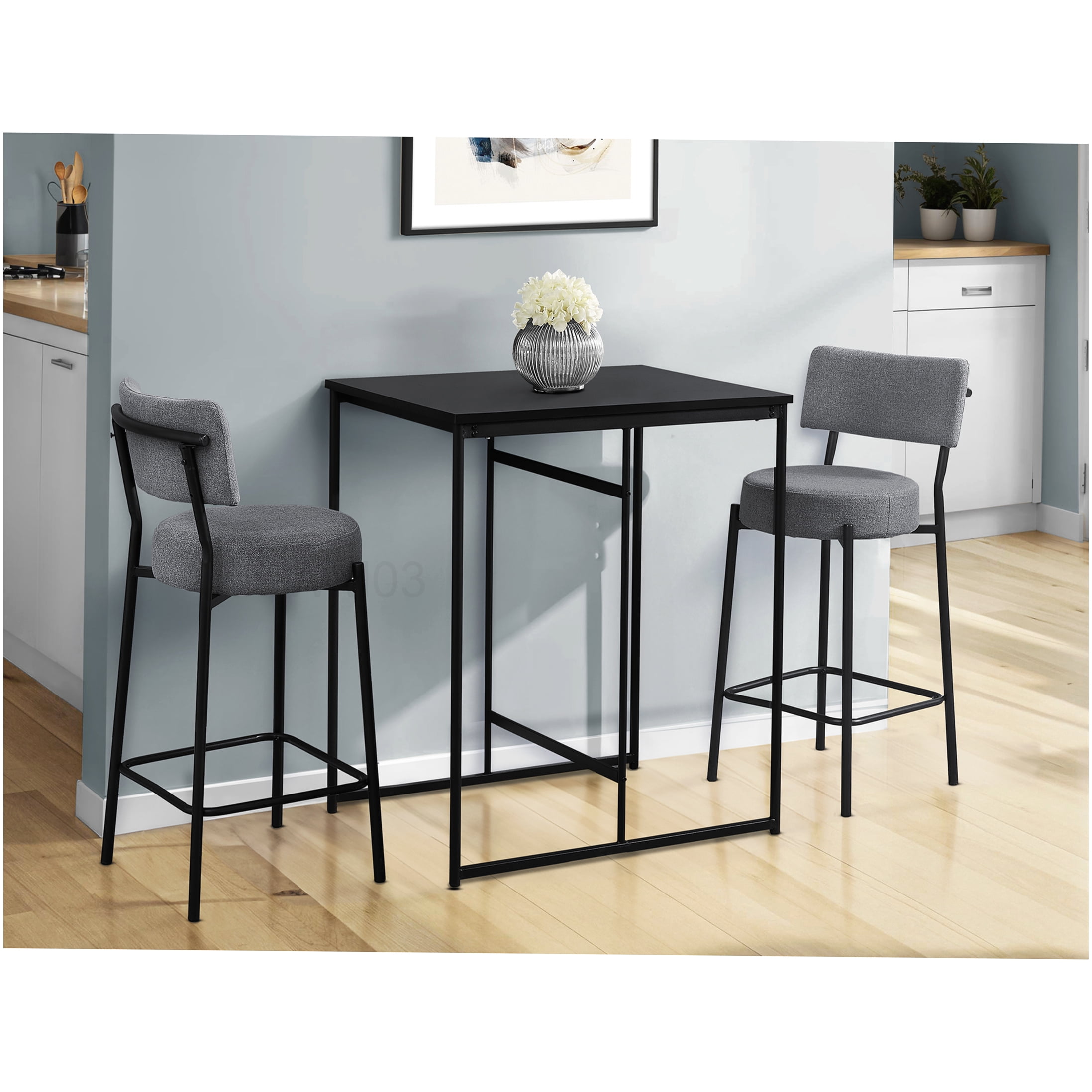 Set of 2 Grey Fabric Bar Stools with Black Metal Legs for Counter Height