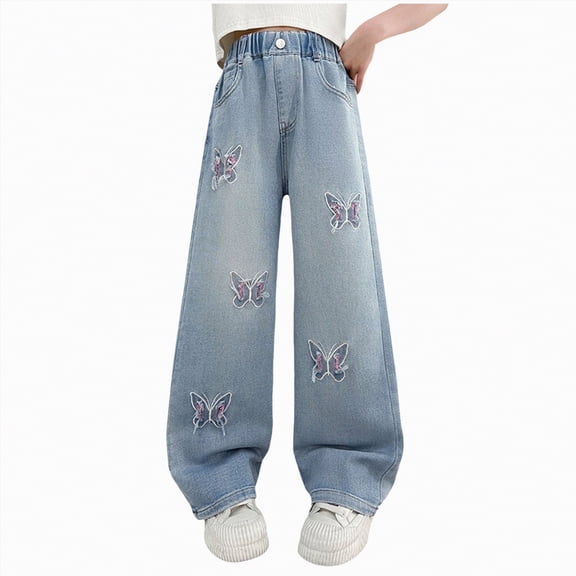 NOLDARES Girls Wide Leg Jeans Kids Elastic High Waisted Denim Pants with Pockets 5-14 Years(Blue,9-10 Years)