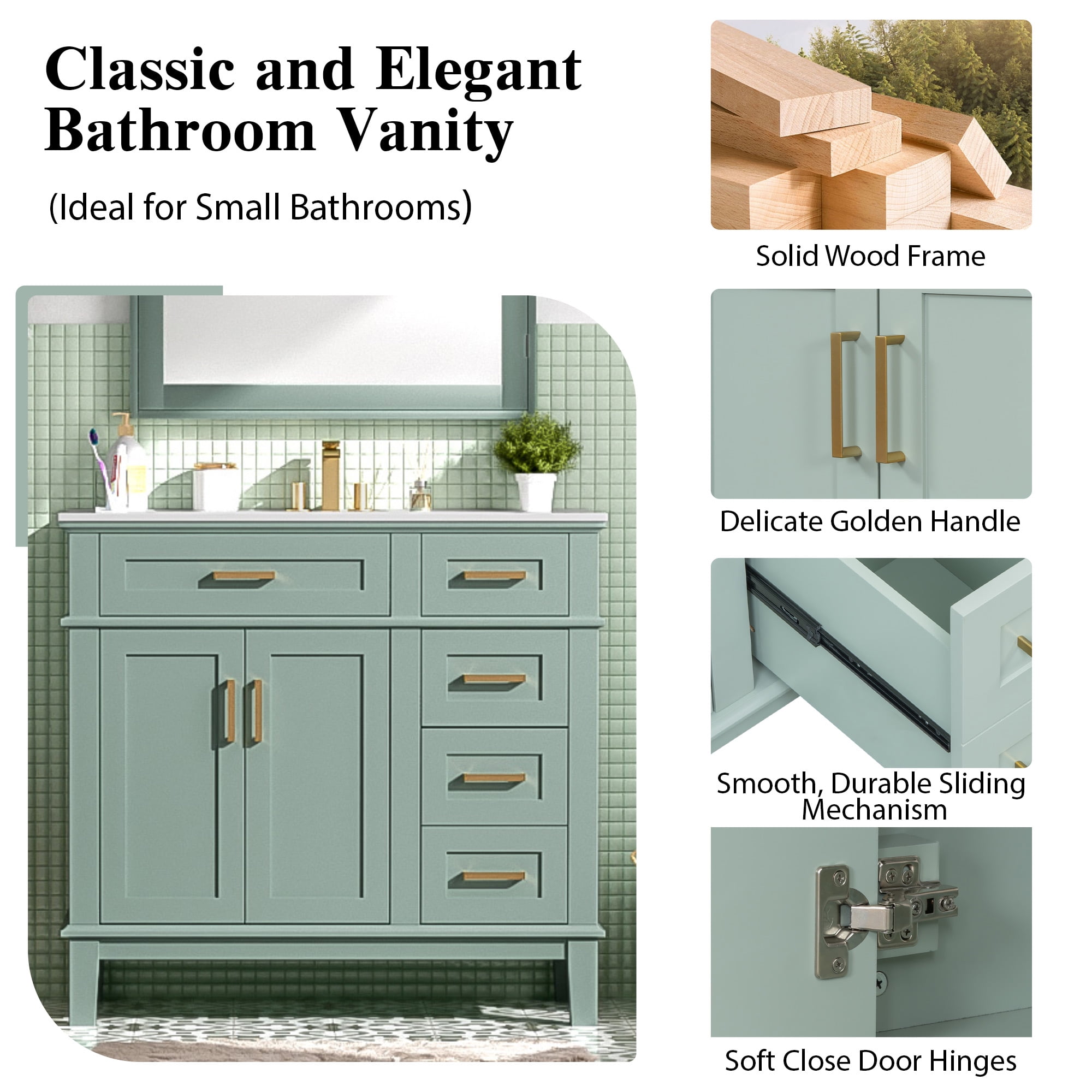 Euroco 36" Bathroom Cabinet with Ceramic Sink, Soft-Close Doors, Golden Handles, Ample Storage, and Overflow Protection