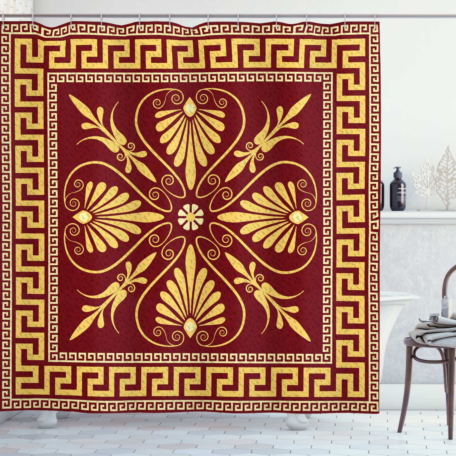 Greek Key Shower Curtain, Old Fashioned Frame Design with the Greek  Labyrinth and Curly Leaves Flowers, Fabric Bathroom Set with Hooks, 69W X  70L Inches, Ruby Yellow, by Ambesonne - Walmart.com