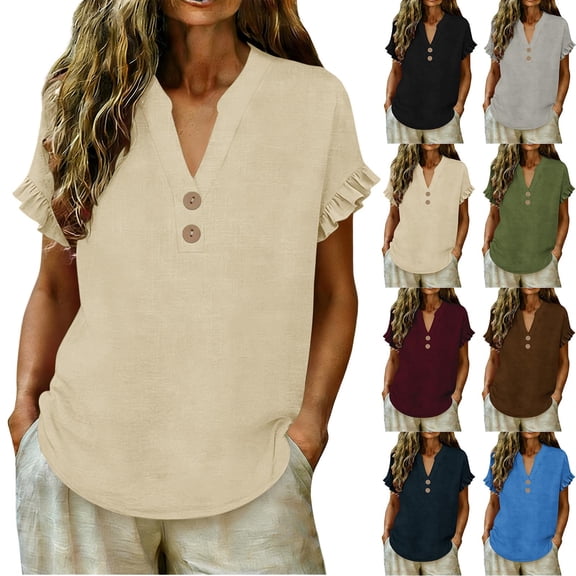 Women's Tops V Neck Ruffle Short Sleve Cotton Linen T-shirts Solid Color Shirts Dressy Casual Summer Fall Cute Outfits 2026 Basic Trendy Vacation Blouses