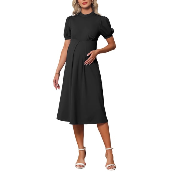 INSPIRE CHIC Women's Mother's Days Work Maternity Dresses Mock Neck Button Pleated Front Office A-Line Pregnancy Business Dress M Black