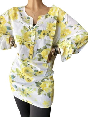 Women Tunic Top, Yellow Floral Printed Blouse, Button Front Bohemian Cotton Summer Tops XL