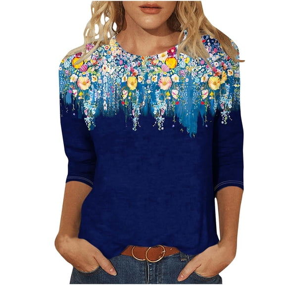 Ladies Tops and Blouses,3/4 Sleeve Tops for Women Crew Neck Outfits Print Blouses Business Work T Shirts Classic Basic Tees Casual Tunic
